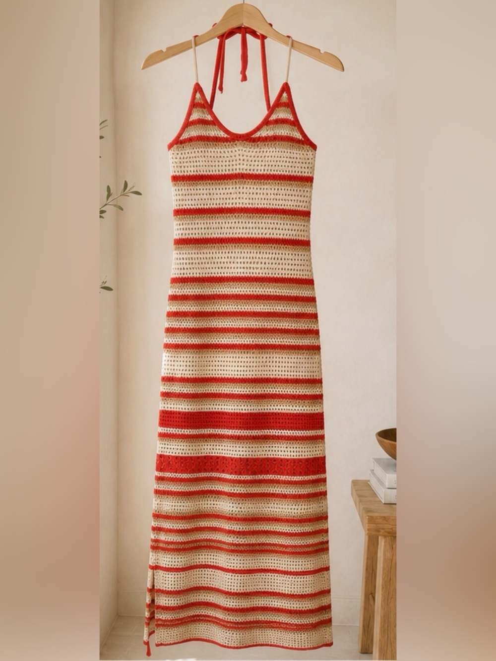 Striped Crochet Midi Dress in Cream and Red